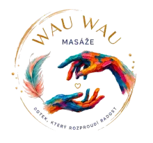 Logo Wau Wau masáže – dvě malované dlaně a pírko ve zlatém kruhu